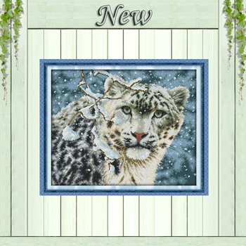 Snow leopard vinteren dyr Tæller print på lærred DMC 14 CT 11CT Cross Stitch DIY Håndarbejde, Broderi kit Sæt Hjem wall Decor