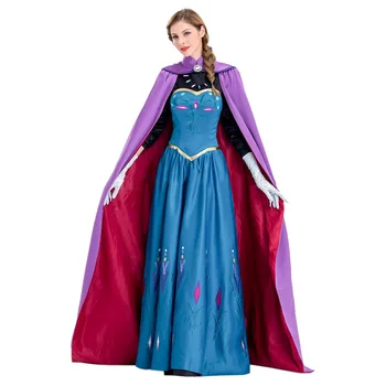 Snow Queen Prinsesse Anna Cosplay Kostume Til Voksne Kvinder Blå fest Kjole Med lilla Kappe Drop Shipping