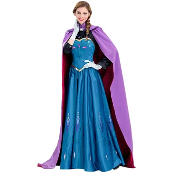 Snow Queen Prinsesse Anna Cosplay Kostume Til Voksne Kvinder Blå fest Kjole Med lilla Kappe Drop Shipping