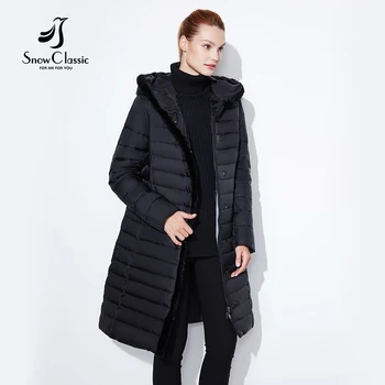 SnowClassic 2018 ny jakke kvinder varm vinter lang frakke fashion forår outwear solid slim tyk jakke forreste kant ræv pels krave