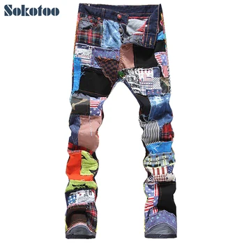 Sokotoo Mænds patchwork splejset rippet denim jeans Mandlige mode slank farvede plaster knapper flyve lige bukser Gratis fragt