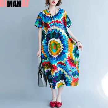 Sommer Plus Size Kvinder Kjole Farverige Blomstret Mønster Print Hør V-Hals Kvindelige Casual Vestidos Store Maxi Nye Vintage Kjoler