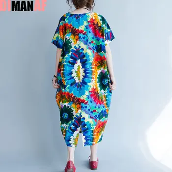 Sommer Plus Size Kvinder Kjole Farverige Blomstret Mønster Print Hør V-Hals Kvindelige Casual Vestidos Store Maxi Nye Vintage Kjoler