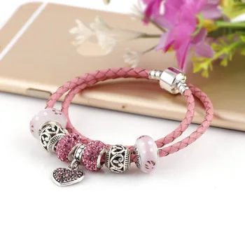 Sommer Stil pink perler i Ægte Læder Armbånd, Kæde Passer Til Charms Armbånd DIY Metal, Legering, Glas Europæiske Stort Hul Perler
