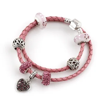 Sommer Stil pink perler i Ægte Læder Armbånd, Kæde Passer Til Charms Armbånd DIY Metal, Legering, Glas Europæiske Stort Hul Perler