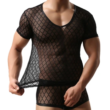 Sommeren 2016 Fashion Herre Sexet Net Singlet Fiskenet Gennemsigtige Mesh T-Shirts Mand Eksotiske Cut-outs Trænings-og Undertrøje Sjove Shirt