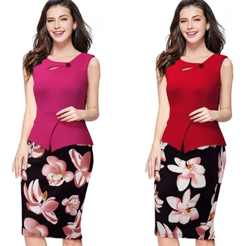 Sommeren Elegante Kvinder Forretning Kjole Pink Print Blomstret Tunika Bodycon Jakke Casual Blyant Kjoler Plus Size B288