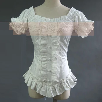 Sommeren kvinder hvid kort skjorter Viktorianske, Vintage blonder, Plisseret Bandage shirts Ladies gotiske bluse kostume lolita