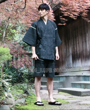 Sommeren Mænd Jinbei Japansk Kimono Korte Ærmer 2STK Sæt Nattøj Pyjamas Loungewear