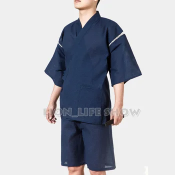 Sommeren Mænd Jinbei Japansk Kimono Korte Ærmer 2STK Sæt Nattøj Pyjamas Loungewear