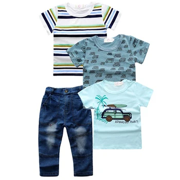 Sommeren Nye Børn, Drenge Tøj Sæt Bomuld O-Hals kortærmet T-Shirt Denim Bukser 4 Stk sæt Mode Barn Tøj der Passer