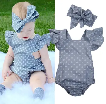 Sommeren Polka Dot Baby Børn Piger Bodyer Hovedbøjle Tøj Flæser Backless Bodysuit Buksedragt Sunsuit Udstyr Spædbarn Tøj