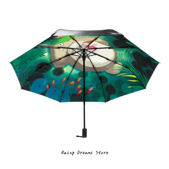 Sort Anime Totoro Olie Maleri Paraply Regn Sol Kvinder Ghibli Parasol Plegable Paraguas Mujer Parapluie Guarda Chuva Totoro