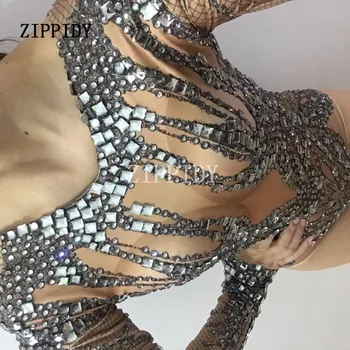 Sort Glimter Rhinestones Nøgen Body Part Fejre Performance Tøj Kostume Glitrende Krystaller Strække Trikot Fase Bære
