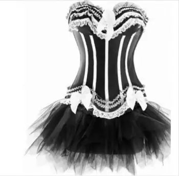 Sort+lilla stribe sexet corset top med g-streng, talje korsetter og bustiers overbust korset hvid mini-tutu-skirt