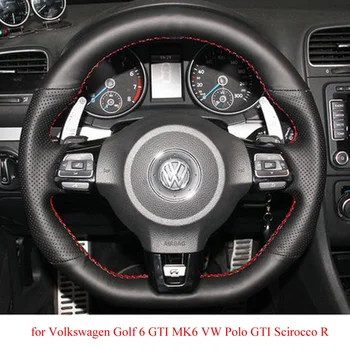 Sort Læder Hånd-syet Rattet Dækning for Volkswagen Golf 6 GTI MK6 VW Polo GTI Scirocco R Passat CC R-Line 2010