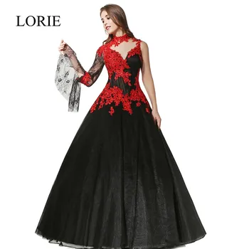 Sort Og Rød Brudekjole 2017 LORIE Robe Mariage Høj Hals Vintage Blonde Lange Ærmer Gotiske Brude Kjole Kina Custom Made