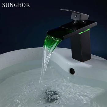 Sort Vand-Drevne LED Armatur Badeværelse Håndvask Hane Messing blandingsbatteri Vandfald Vandhaner Varm Kold Kran Bassin Tryk på AL-7193H