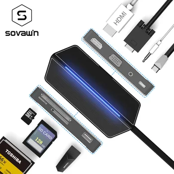 Sovawin 8-i-1 usb-c USB 3.0 Hub, Multi Type c 4K Video HD VGA HDMI SD/TF/CF-Usb3.0 Kortlæser til Macbook Output Port-Adapter