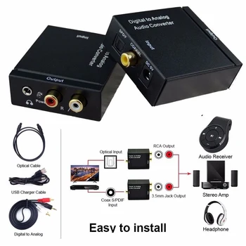 SPDIF Coaxial / Optical Digital Audio input til RCA-R/L Analog Lyd, 3,5 mm Stereo-Output-Converter Adapter til HD-DVD-TV Computer
