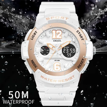 Sport Ure Vandtæt Kvinder SMAEL Damer Hvid Clock Mode Afslappet Kvarts Ægte Kvinder Watch Luxury1632 LED Digitale Ure
