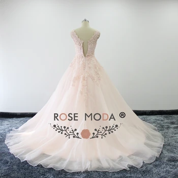 Steg Moda Høj Kvalitet Blush Pink Fersken brudekjoler V-Hals Lace Bolden Kjole Vestidos de Noiva