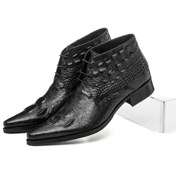 Stor størrelse 45 Krokodille Kornet sort / brun tan bryllup sko herre ankel støvler i ægte læder formelle sko herre arbejder sko