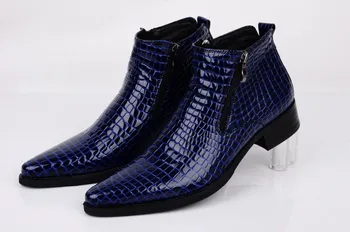 Stor størrelse EUR46 serpentine blå / sort pegede på kjole sko herre ankel støvler i ægte læder bryllup sko