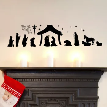 Stort Jule-Krybbespil Wall Stickers Til Os for et Barn er Født Fødselskirken Vinyl vægoverføringsbillede - Christian Indretning Vægmaleri A296