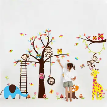 Stort træ dyr, wall stickers til børneværelset dekoration 1213. monkey ugle zoo tegnefilm diy børn baby hjem decal vægmaleri kunst 3.0