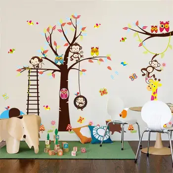 Stort træ dyr, wall stickers til børneværelset dekoration 1213. monkey ugle zoo tegnefilm diy børn baby hjem decal vægmaleri kunst 3.0