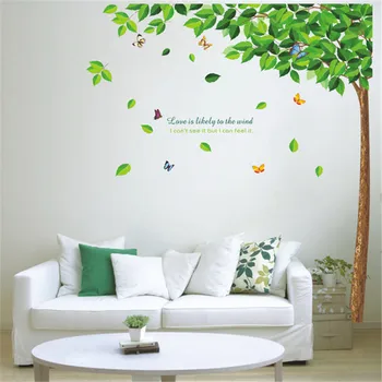Stort Træ med Grønne Blade Butterfly Citat standardklæbemiddel Aftagelig Decals Home Decor Vægmaleri til Soveværelse Stue DIY Wall Stickers