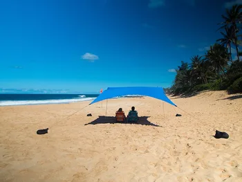 Strand-Parasol Stranden Telt Med Sandbag Ankre & 4 Pinde UPF50+ Kvalitet Lycra Struktur - Perfekt Solen, Læ for Børn & Fa