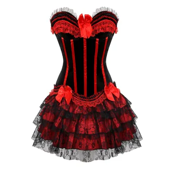 Stripe rød/grøn satin corset og Carnival dress med sløjfeknude indrettet lynlås side sexet showgirl blonder overlay nederdel