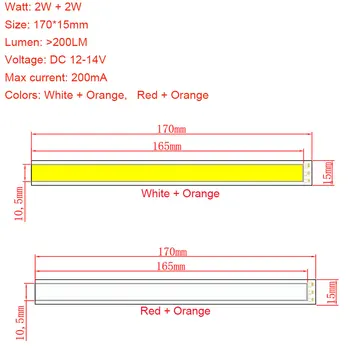Sumbulbs Dobbelt Farve COB LED-lyskilde 2W Hvid Rød Orange Chip On Board DC12V 170*15MM COB Strip Lampe To Farve På den Ene Pære