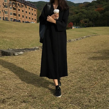 SuperAen koreansk Stil Kvinder Lang Kjole 2018 Spring Nye Kvinder Retro Kjole ensfarvet V-neck Løs Long-sleeve-Dress Kvindelige