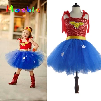 Superhelt Wonder Woman Tutu Pige Kjole Børn Cosplay Kostume Halloween Jul Kjole Op Tutu Kjoler Baby Foto Rekvisitter