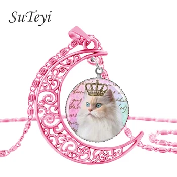 SUTEYI mode halskæder perser kat pink moon halskæde cabochonslebet krone vedhæng statement halskæde dyr halskæde gave