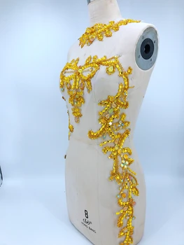Sy på golden rhinestones applikeret på mesh håndlavet krystal trim patches til kjole tilbehør 60*43 cm