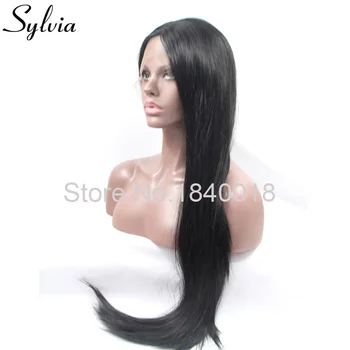 Sylvia 1b sort lang silky straight syntetisk blonde front paryk til sort kvinde glueless varmeresistent fiber hår med midterste del