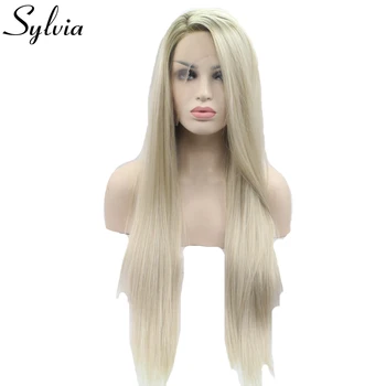 Sylvia brun/blonde ombre syntetiske lace front wig silky straight blonde parykker med brune rødder side af varme resistent fiber