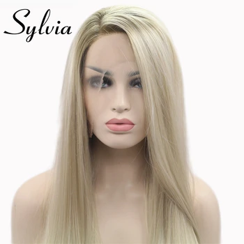 Sylvia Ombre Blonde Glueless Blonder Foran Parykker 2-Tone Farve Brun Rødder side en Del Lange Lige varmeandig Syntetisk womenHair