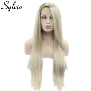 Sylvia Varmeandig Ombre Hair Blonde Syntetisk Blonde Front Paryk Til Kvinder Side En Del Lange Silky Straight Blonde Paryk Halvdelen Hånd Bundet