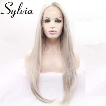 Sylvia varmeandig Syntetisk splint aske blonde grå lace front wig Bløde Lange Sølv Platin Blonde midten af paryk kvinder