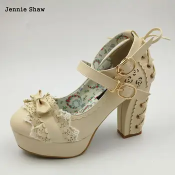 Sød høje hæle lolita sko prinsesse blonder bue sko kvindelige tyk hæl platform sko sys-1166