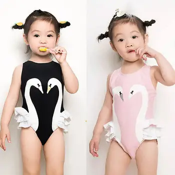 Søde Baby-børnetøj Pige Swan Blonder Romper Sort Pink Print uden Ærmer Bomuld Rompers Buksedragt Playsuit Outfits 0-3Y