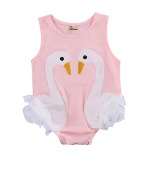Søde Baby-børnetøj Pige Swan Blonder Romper Sort Pink Print uden Ærmer Bomuld Rompers Buksedragt Playsuit Outfits 0-3Y