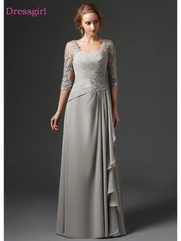 Sølv 2018 Mother Of The Bride Kjoler A-line Chiffon 3/4 Ærmer Lace Plus Size Lange Elegante Brudgom Mor Kjoler Bryllup