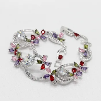 Sølvfarvet Armbånd Smykker Til Kvinder Dagligt Part Blomst Flerfarvet Cubic Zirconia Lugning Gratis gaveæske WPAITKYS