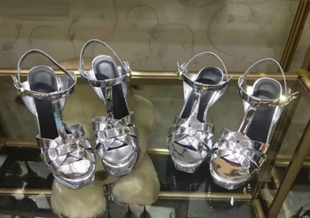T-rem Sommeren Kendte Sko Hyldest Gladiator Sandalias Mujer sexet patent læder platform i high-heel sandaler Kjole Pumper 2016